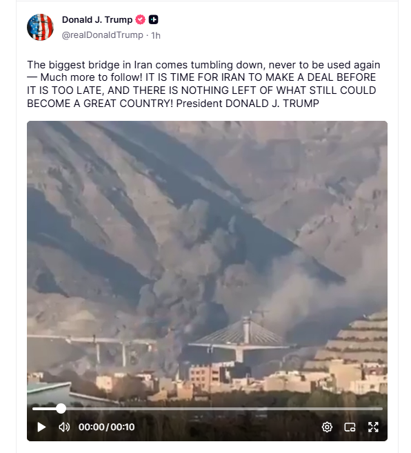 Trump postează imagini cu bombardarea celui mai mare pod din Iran și amenință Teheranul: „Vor urma mult mai multe!”