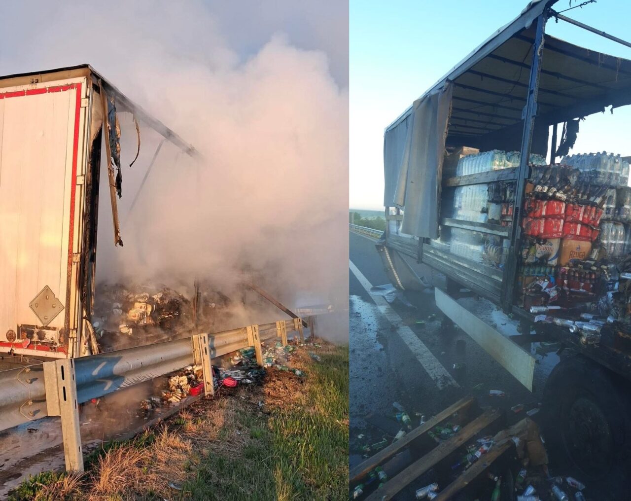 Incendiu puternic pe autostrada A1, în județul Timiș. Remorca unui autotren a luat foc, în mers