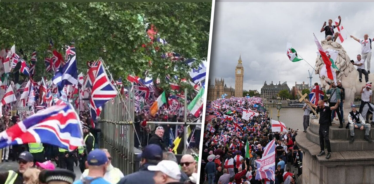 Tensiuni la Londra: Zeci de mii de naționaliști cu steagurile Uniunii și activiștii pro-Palestina protestează separat. Poliția a intervenit în forță