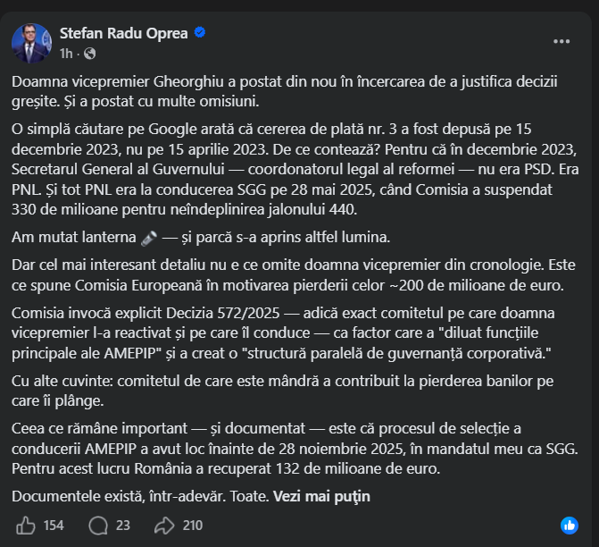 Radu Oprea, răspuns pentru Oana Gheorghiu în scandalul banilor pierduți din PNRR: