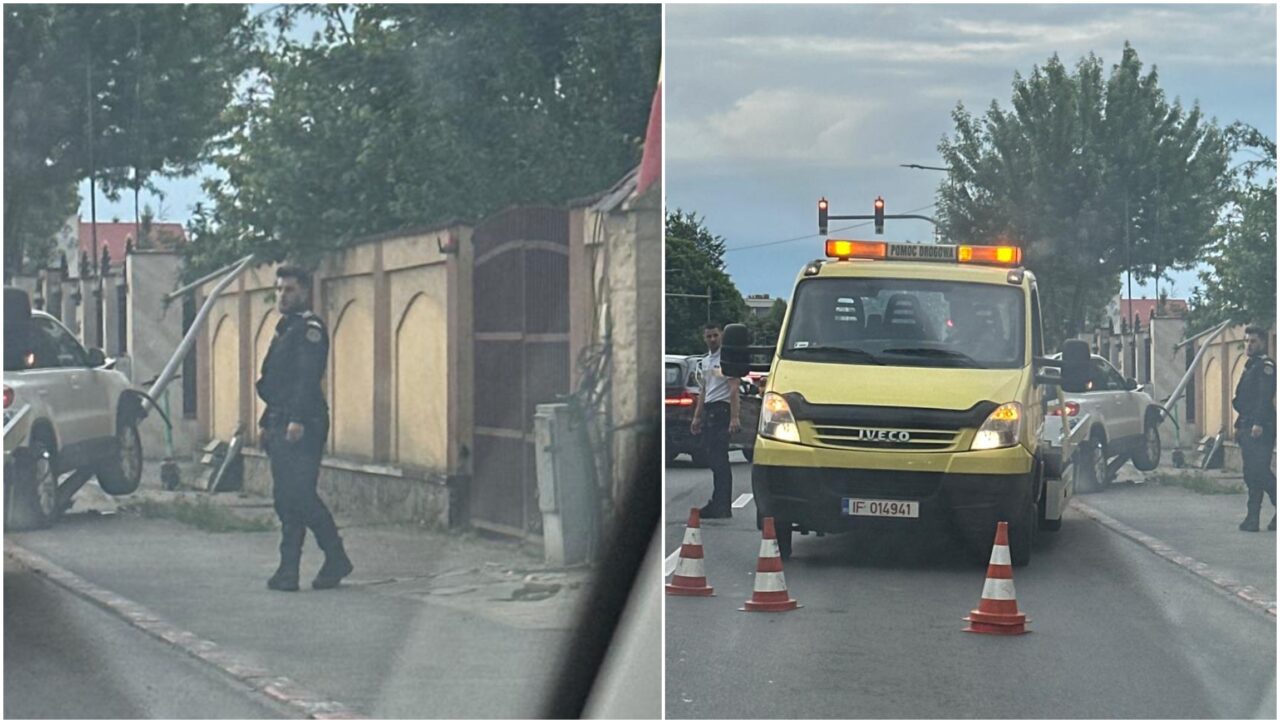 Accident pe o stradă din Pipera. O mașină s-a izbit într-un stâlp și l-a pus la pământ