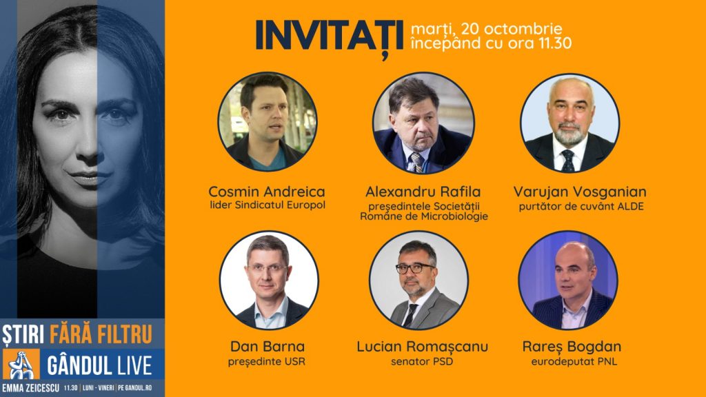 Senatorul PSD Lucian Romașcanu, eurodeputatul PNL Rareș Bogdan și președintele USR, Dan Barna, se află printre invitații Emmei Zeicescu la ediția Gândul LIVE de vineri, 16 octombrie 2020, de la ora 11.30