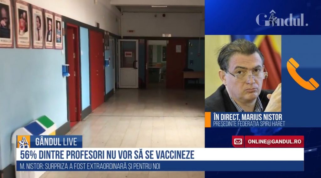 GÂNDUL LIVE. Marius Nistor, președinte al Federației Spiru Haret, despre profesorii care nu vor să se vaccineze: „Discutăm de oameni, care pot să aibă sau nu încredere. Dacă îi oblig, nu voi reuși acest lucru…”