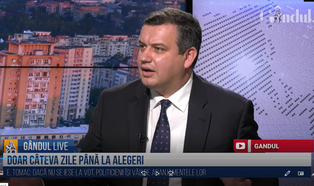 GÂNDUL LIVE. Eugen Tomac: „Societatea trebuie să iasă la vot pentru că nu are altă alternativă! Trebuie să pună presiune pe decidenți”