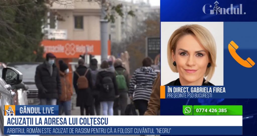 GÂNDUL LIVE. Gabriela Firea, despre cazul arbitrului Colțescu, acuzat de rasism: Nu încurajez un astfel de comportament! – VIDEO