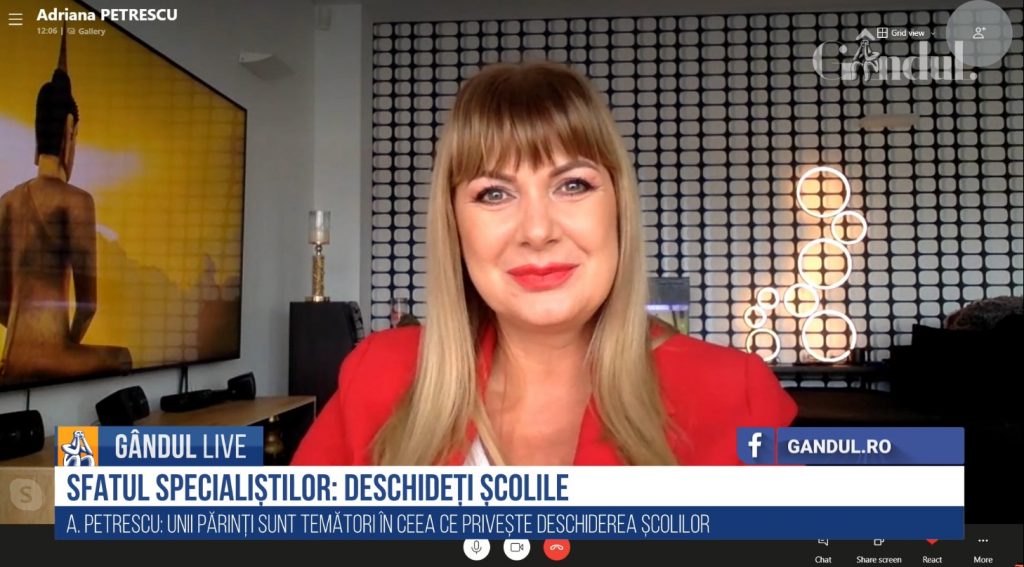 GÂNDUL LIVE. Psihologul Adriana Petrescu: Suntem la un pas de deschiderea școlilor și frica părinților, profesorilor cucerește mediul online