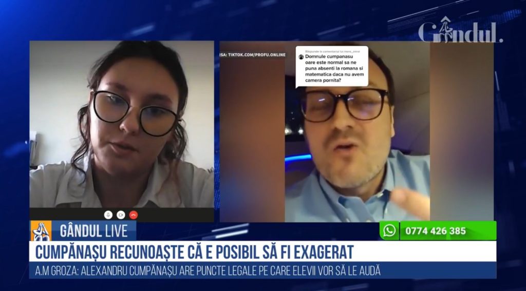 GÂNDUL LIVE. Ana Maria Groza, președintele Asociației Elevilor din București și Ilfov: „Alexandru Cumpănașu abordează puncte legale pe care elevii vor să le audă”