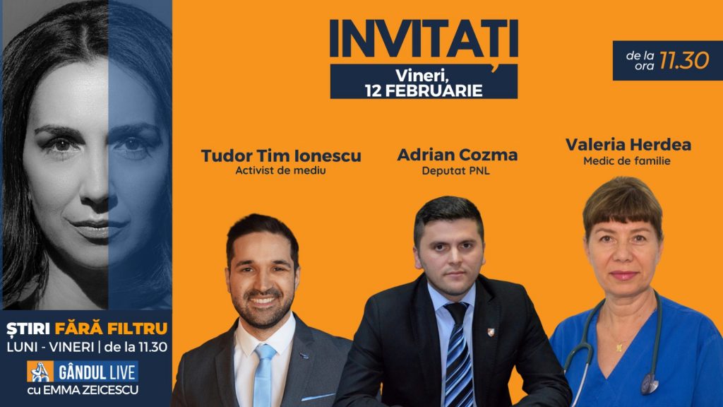 GÂNDUL LIVE. Tudor Tim Ionescu, activist de mediu și fost consilier ALDE, se află printre invitații Emmei Zeicescu la ediția de vineri, 12 februarie 2021, de la ora 11.30