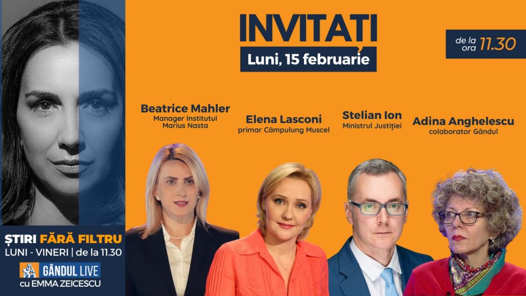 GÂNDUL LIVE. Ministrul Justiției, Stelian Ion, și primarul orașului Câmpulung Muscel, Elena Lasconi, se află printre invitații Emmei Zeicescu la ediția de luni, 15 februarie 2021, de la ora 11.30