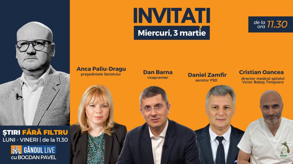 GÂNDUL LIVE. Vicepremierul Dan Barna și președintele Senatului, Alina Dragu, printre invitații lui Bogdan Pavel la ediția de miercuri, 3 martie 2021, de la ora 11.30