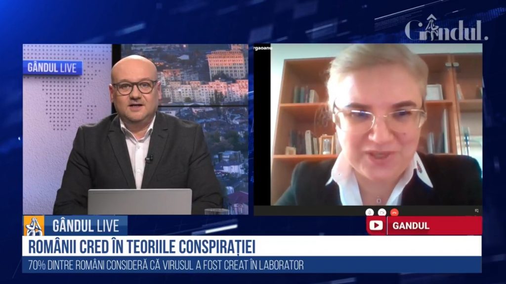 GÂNDUL LIVE. Alina Bârgăoanu, editorialist GÂNDUL.RO: „Există trei teorii conspiraționiste principale: Virusul a fost creat în laborator / Pandemia, „scuză” pentru ciparea populație / Implicarea rețelelor 5G”
