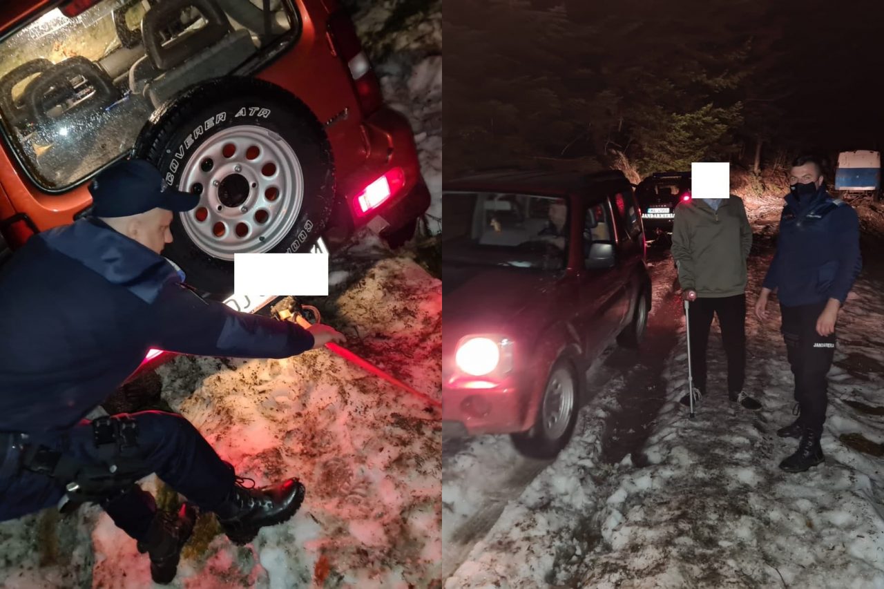 Turiști din Craiova, rămași înzăpeziți într-o zonă montană chiar în noaptea de Înviere. Jandarmii au intervenit pentru salvarea lor – FOTO