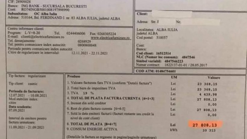 Factură la energie electrică de peste 27.000 de lei, primită de o familie din Alba Iulia