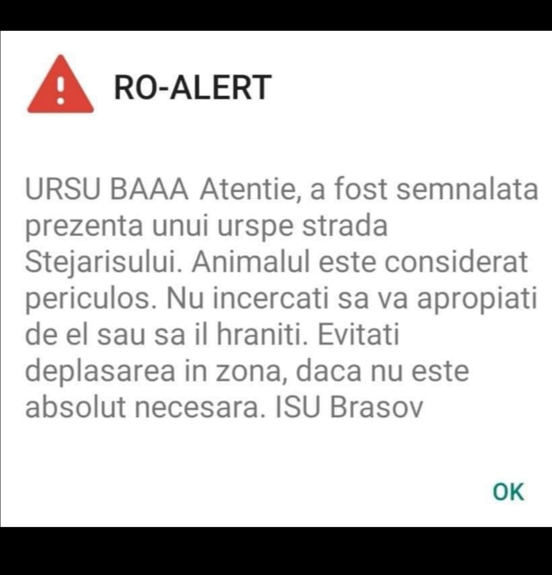 Anchetă la ISU Brașov după ce un mesaj RO-ALERT despre prezența unui urs a început cu „Ursu baaa”