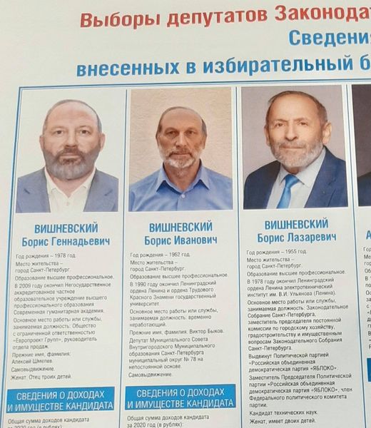 Candidatul opoziției ruse, tras „la indigo”, la alegerile din Sankt Petersburg. Trei Boris  Vișnevski, cu nume și fizionomii identice, se luptă pentru voturi