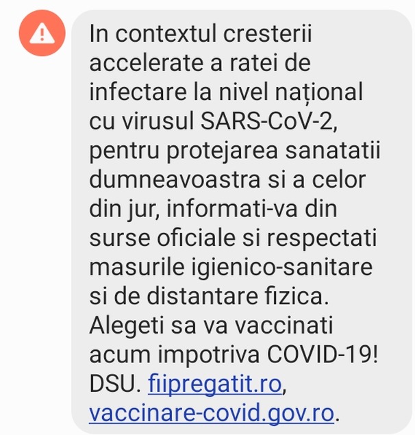 Mesaj Ro-Alert, după creșterea accelerată a ratei de infectare: „Alegeți să vă vaccinați acum împotriva COVID-19!”