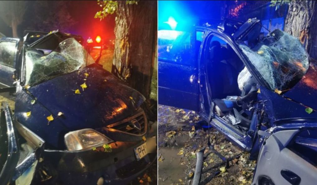 FOTO| Un șofer de 19 ani a murit, iar prietenul său se zbate între viață și moarte, după ce s-au izbit cu mașina de un copac