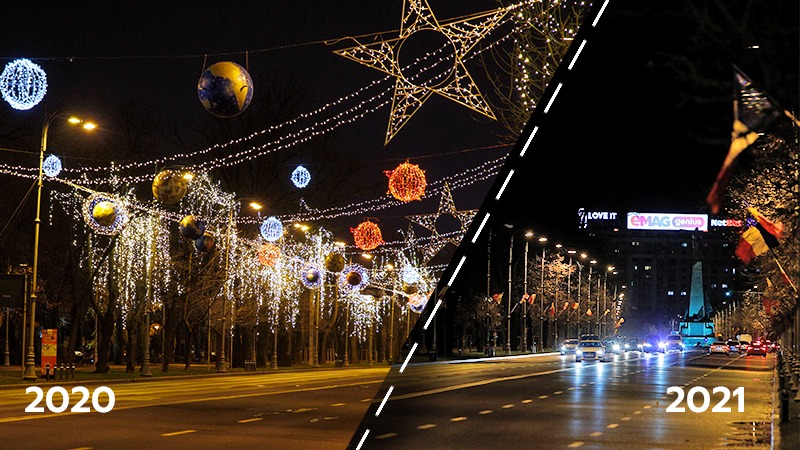 GALERIE FOTO | Dacă în 2020 aveam un oraș împodobit, anul acesta a dispărut atmosfera de sărbătoare. Luminițele din București din acest an, în comparație cu anul trecut
