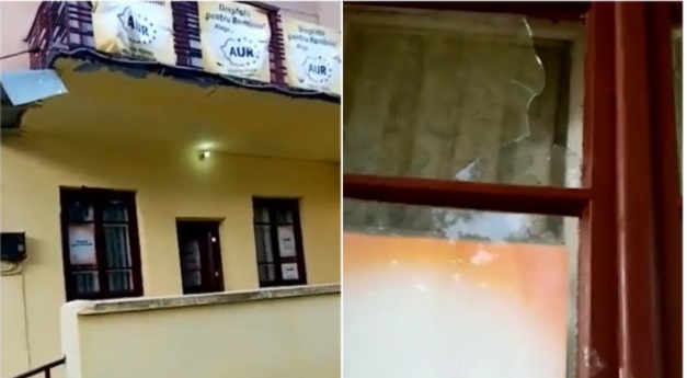 Sediul AUR din localitatea Bocșa, vandalizat cu puțin timp înainte ca George Simion să ajungă acolo