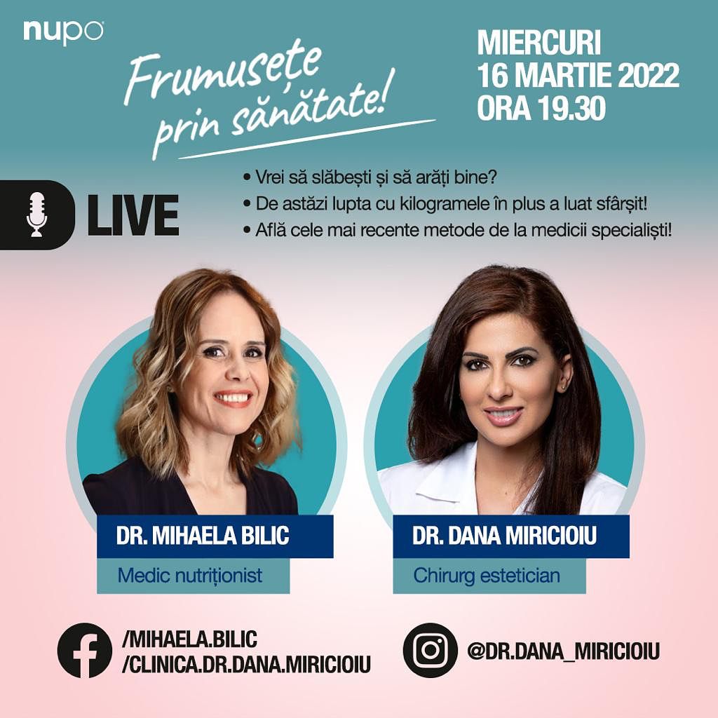 Frumusețe prin sănătate! Află cele mai recente metode de slăbit și de remodelare corporală de la specialiștii în domeniu: Dr.Dana Miricioiu și Dr.Mihaela Bilic. Participă la o dezbatere live despre frumusețe și scădere în greutate!