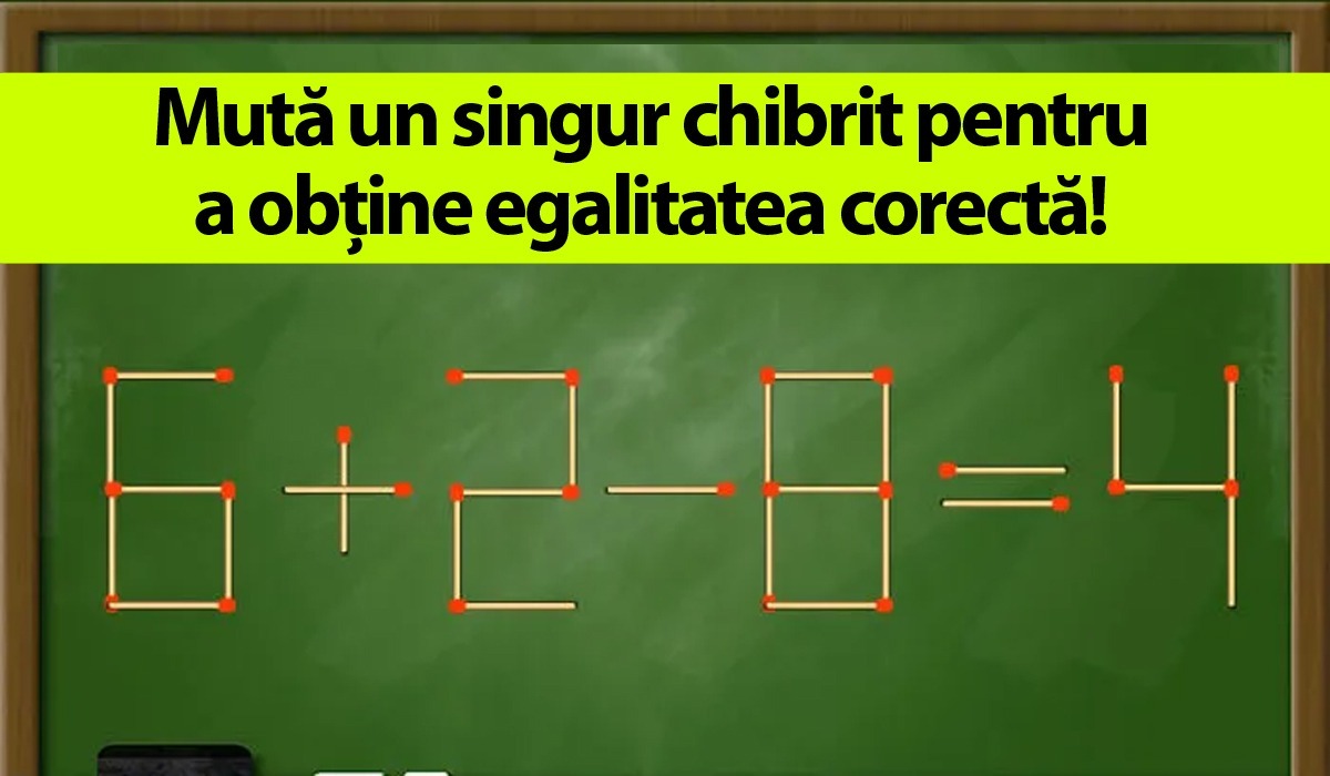 TEST IQ | Mută un singur băț de chibrit pentru a obține o egalitate corectă din: 6+2-8=4