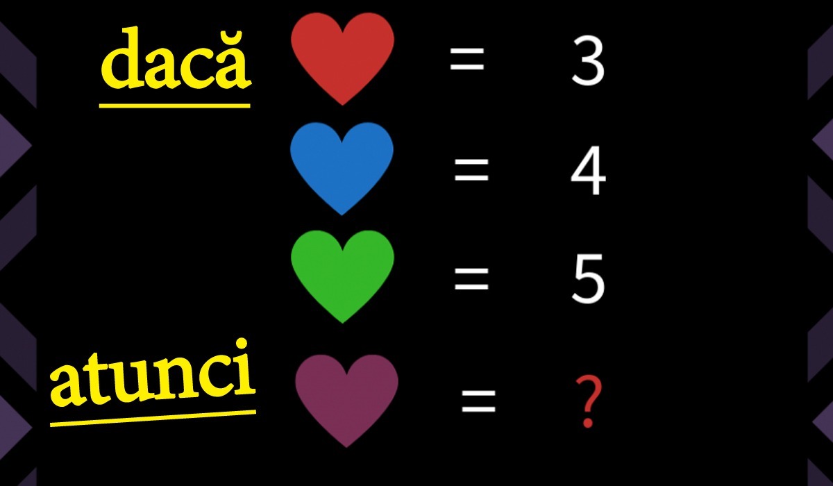 Test de inteligență banal | Ecuația culorilor: Cât valorează inimioara mov?