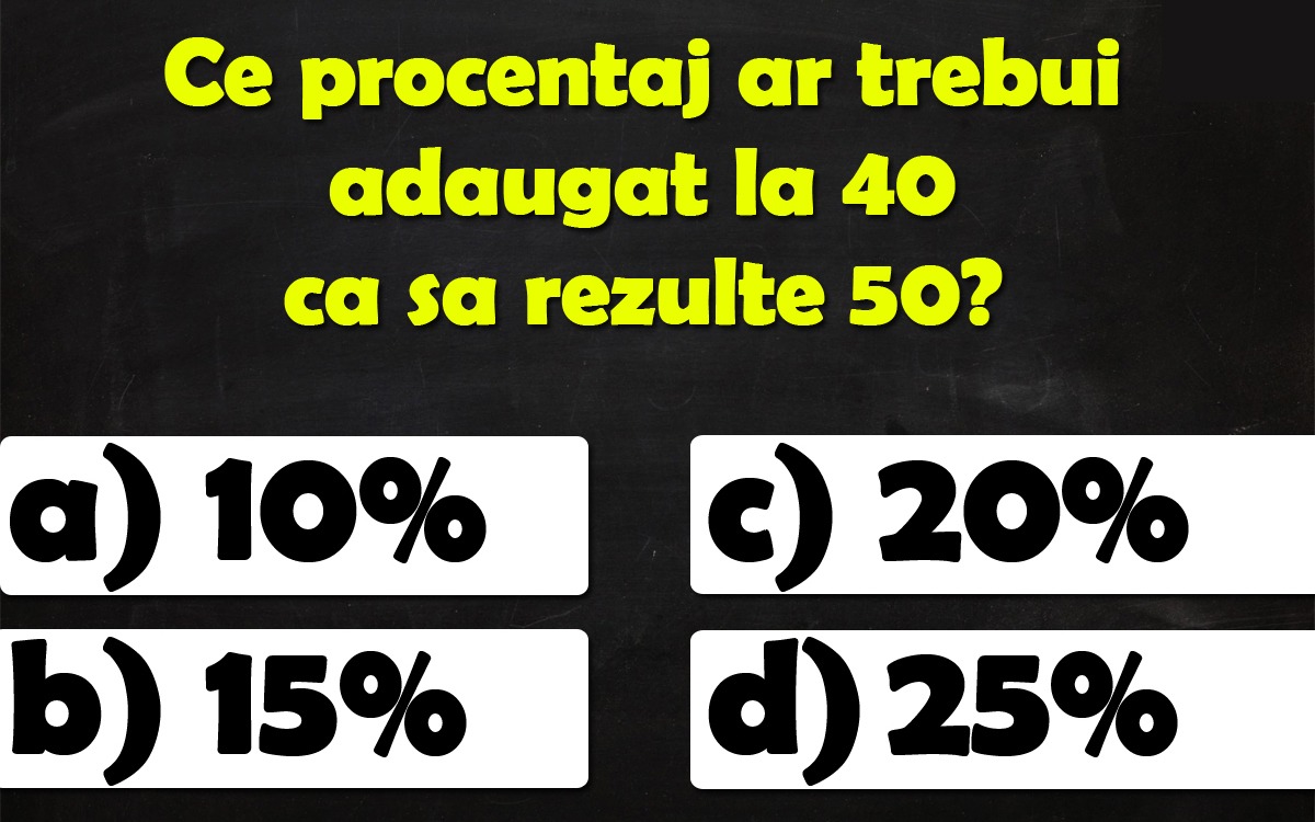 Test de inteligență de rezolvat în 10 secunde | Ce procentaj ar trebui adăugat la 40 ca să rezulte 50?