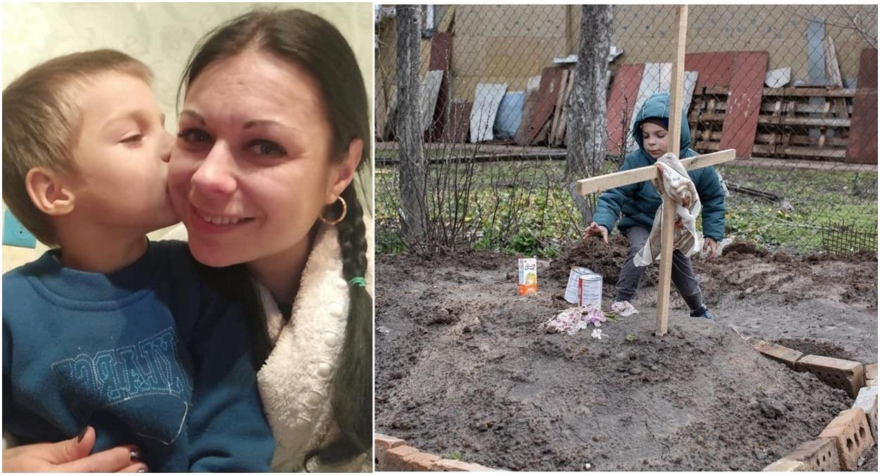 Un băiețel din Bucha aduce conserve și suc la mormântul mamei sale. Femeia a murit în fața soțului și a celor trei copii ai lor, în subsolul blocului în care locuiau