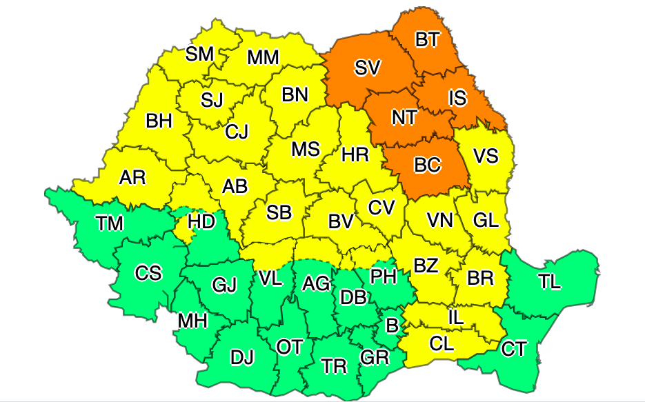 HARTĂ Meteorologii au emis cod portocaliu de ploi torențiale în 5 județe și cod galben în alte 25 de județe
