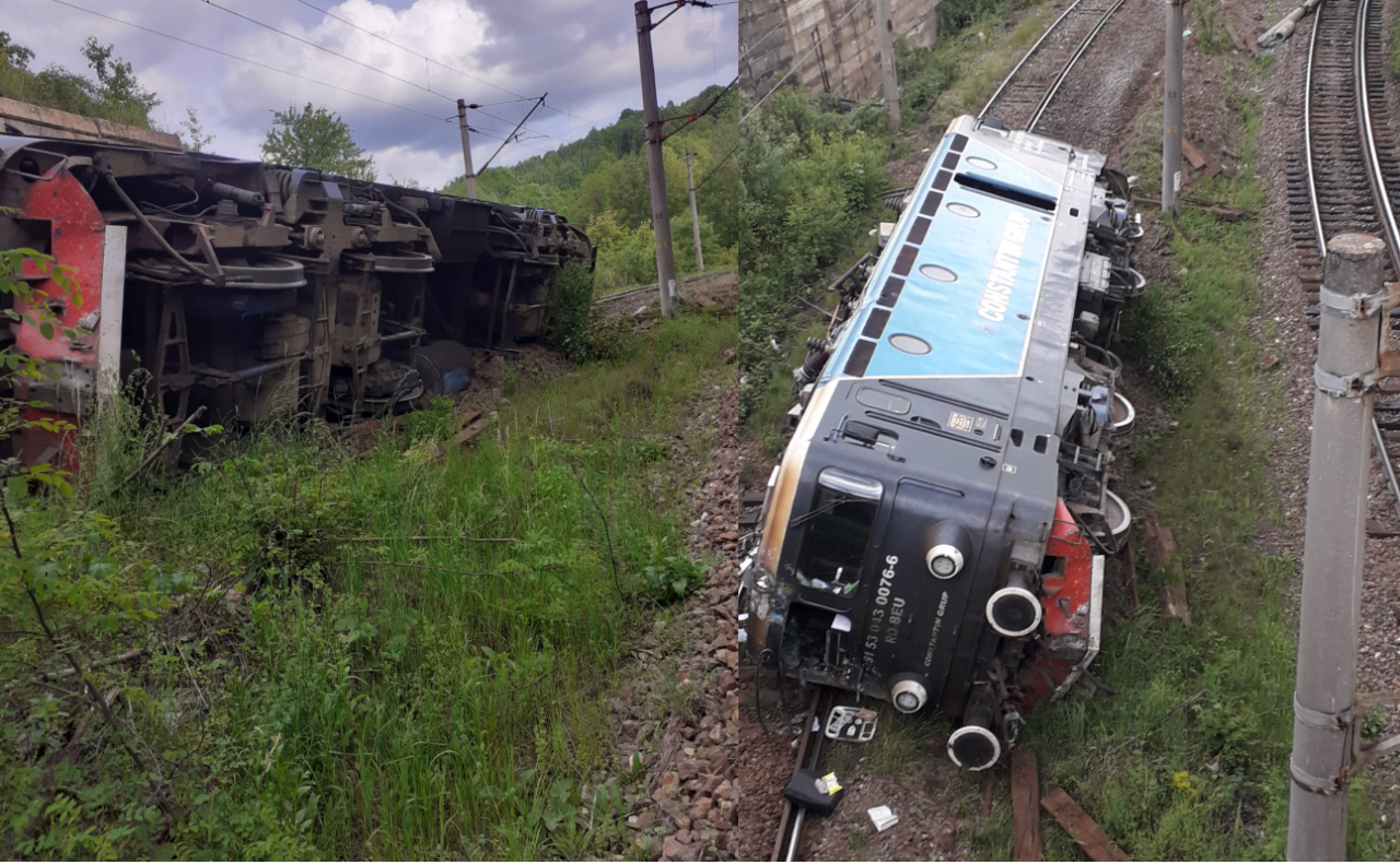 FOTO O locomotivă a deraiat între Bănița si Merișor. Mecanicul locomotivei a fost rănit. Traficul feroviar este blocat