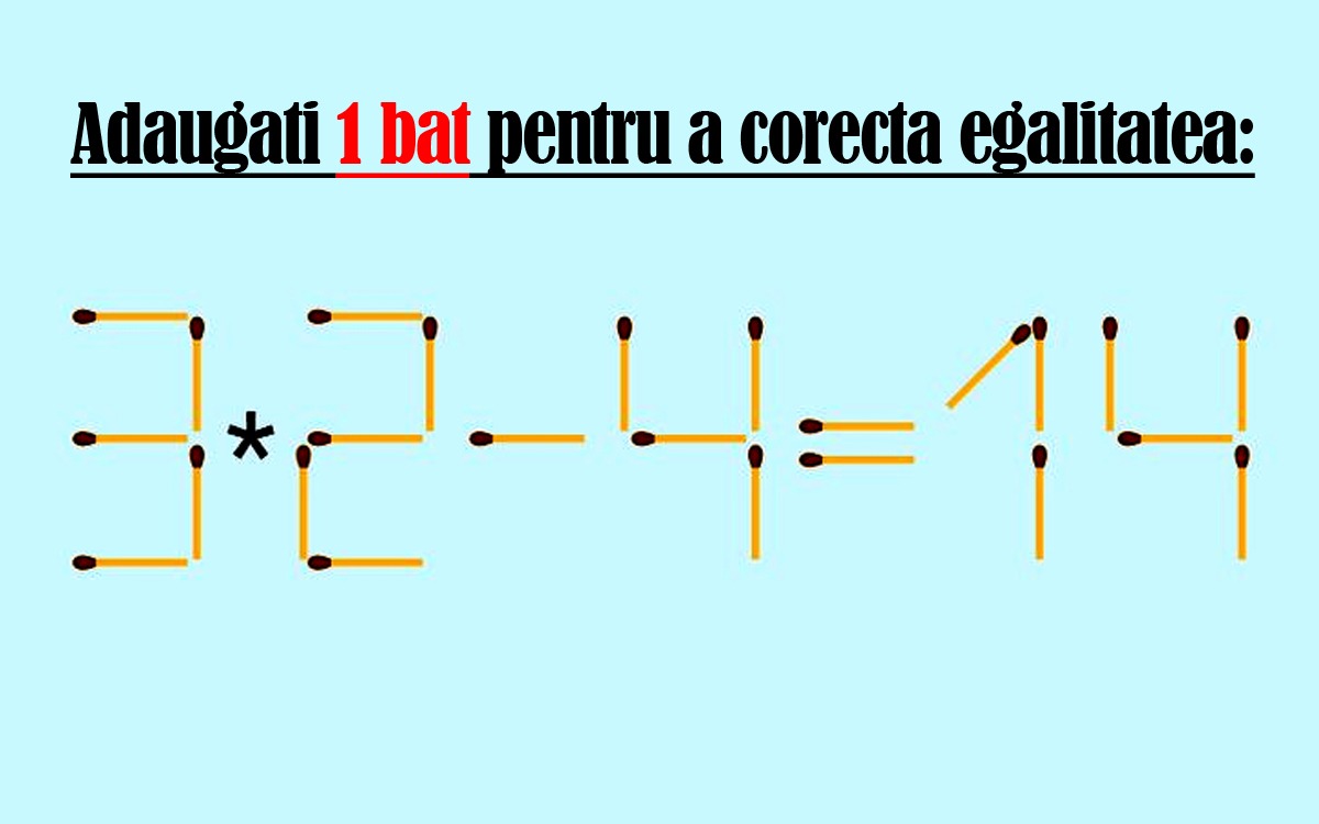 Test de inteligență avansată | Adaugați 1 chibrit pentru a corecta egalitatea: 3*2-4=14