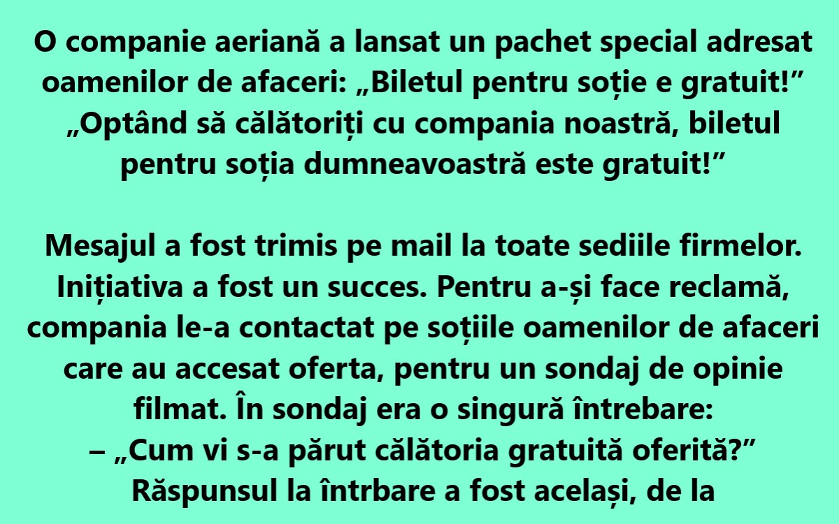 BANC | O companie aeriană a lansat un pachet special adresat oamenilor de afaceri: „Biletul pentru soție e gratuit!”