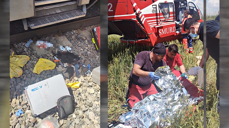 Un bărbat de 71 de ani a fost scos de o mână de săteni de sub roțile trenului care l-a lovit. Medicii l-au dus de urgență cu elicopterul la spital