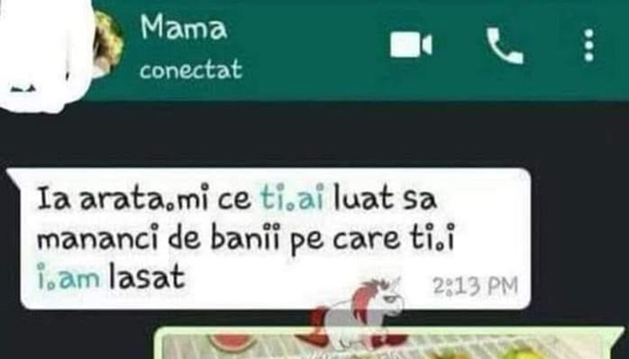 BANC | Mama îl ceartă pe Bulă pe WhatsApp: „Ia arată-mi ce ți-ai luat să mănânci de banii pe care ți i-am lăsat!”