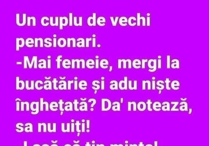 Banc. Un cuplu de pensionari: „Adu niște înghețeată, dar notează, să nu uiți!”