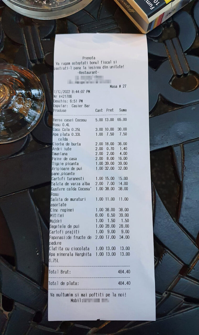 Notă astronomică! Câți lei a plătit un bucureștean pentru 7 feluri de mâncare, 5 beri și desert, într-un restaurant din Capitală