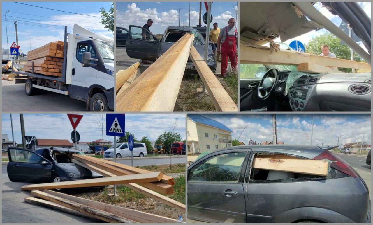 FOTO | Un copil de 3 ani a ajuns la spital, după ce mai multe grinzi au căzut dintr-o camionetă şi au intrat în parbrizul maşinii în care se afla
