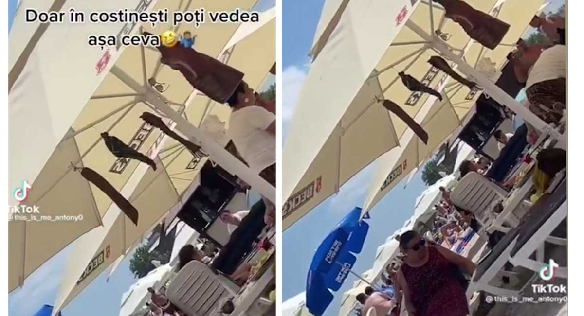 Imagini incredibile pe plajă la Costinești! A venit cu șunca afumată și a atârnat-o de umbrelă. „Anul trecut au chemat lăutarii”