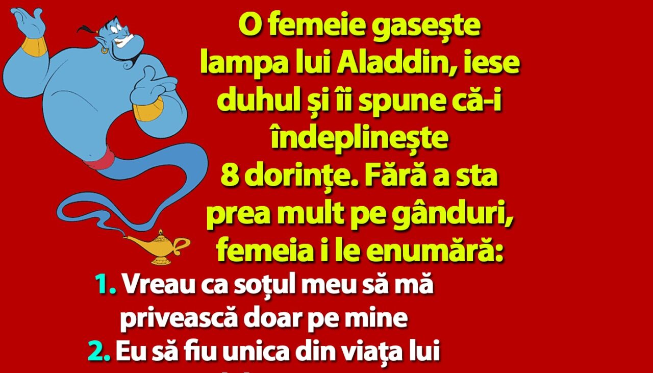 Bancul de joi | O femeie gasește lampa lui Aladdin, iese duhul și-i spune că-i îndeplinește 8 dorințe