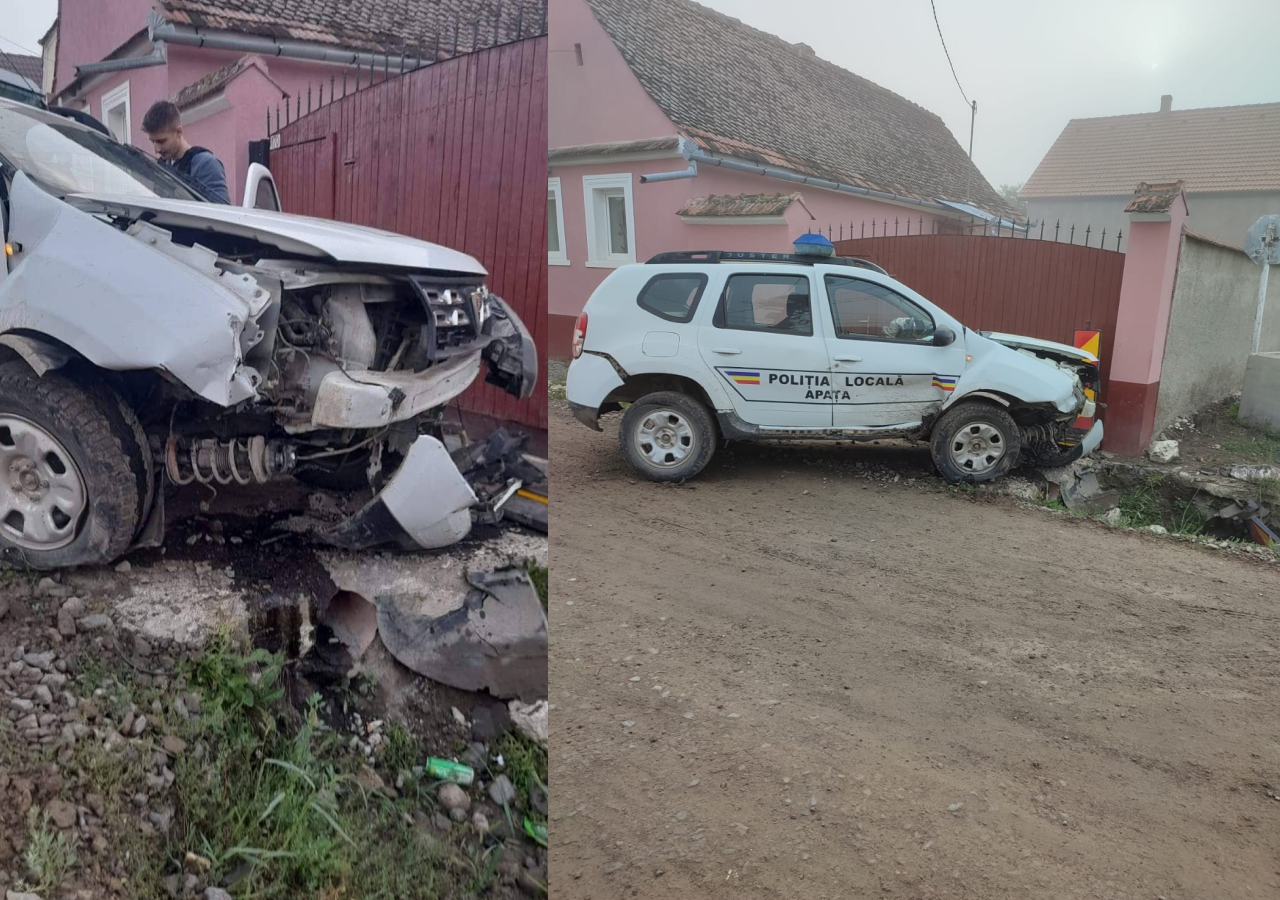 Un minor beat criță a furat maşina Poliţiei Locale din Apața şi a făcut accident. Primarul: „Îmi e rușine de ce s-a întâmplat”