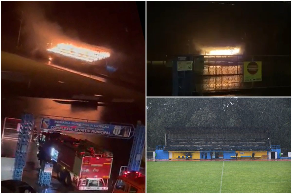 Stadionul celor de la Unirea Slobozia, lovit de fulger! Tribuna oficială, în flăcări! VIDEO
