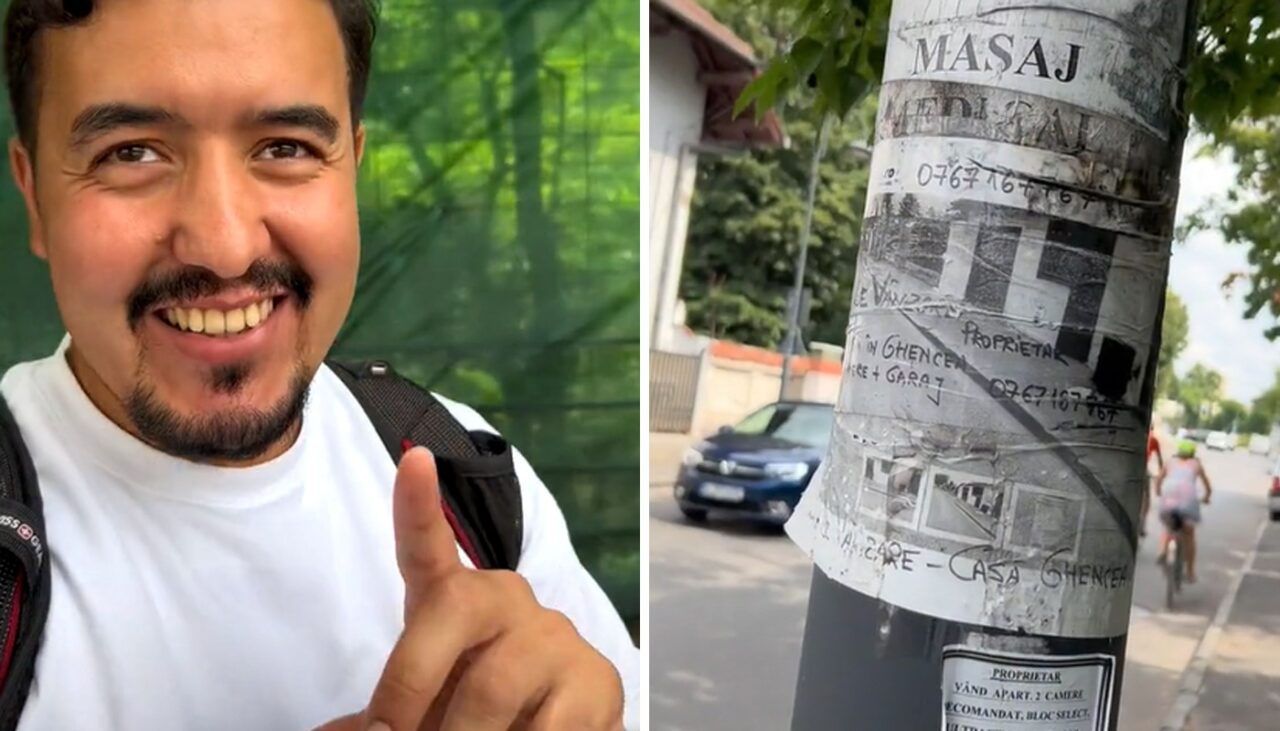 Reacția unui turist american după ce a văzut un anunț, reclamă la masaj „cu finalizare”, lipit pe un stâlp din București
