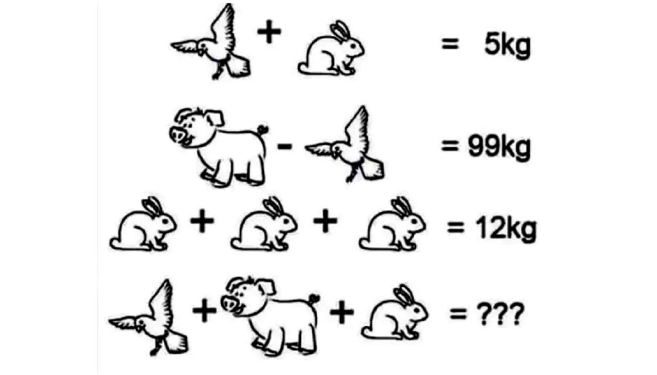 Test de inteligență | Rezolvați ecuația: Câte kilograme au vrabia, purcelul și iepurele, în total?