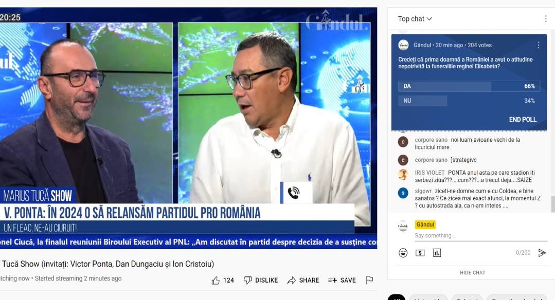 Poll Marius Tucă Show: „Credeți că prima doamnă a României a avut o atitudine nepotrivită la funeraliile reginei Elisabeta?”