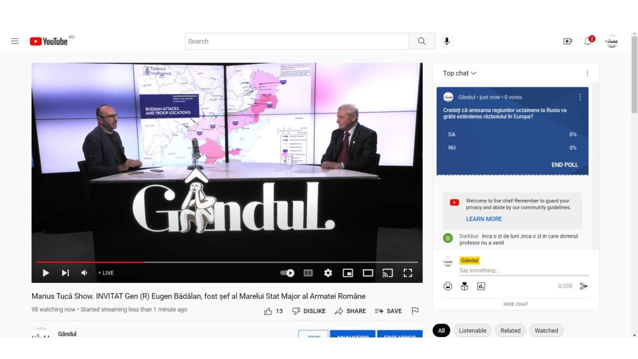 Poll Marius Tucă Show: „Credeți că anexarea regiunilor ucrainene la Rusia va grăbi extinderea războiului în Europa?”