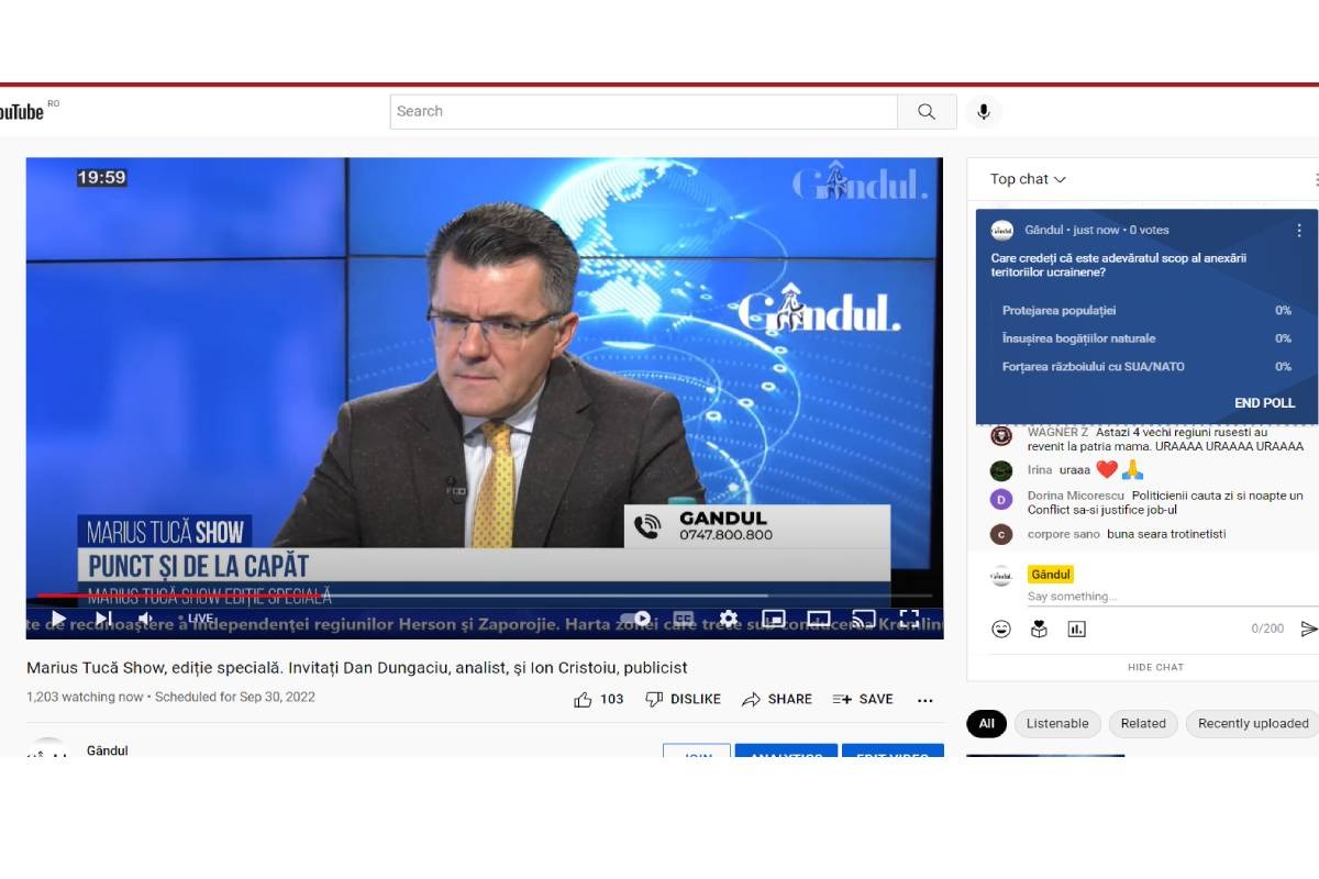 Poll Marius Tucă Show: „Care credeți că este adevăratul scop al anexării teritoriilor ucrainene?”. Din cele trei variante de răspuns, două au fost la egalitate