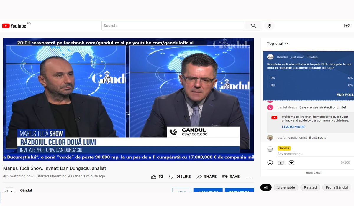 Poll Marius Tucă Show: „România va fi atacată, dacă trupele SUA detașate la noi intră în regiunile ucrainene ocupate de ruși?”