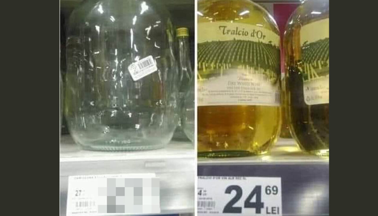 La Auchan, aerul e mai scump decât băutura! O damigeană de 5 litri cu vin – 24.69 lei. Cât costă aceeași damigeană, dar goală!