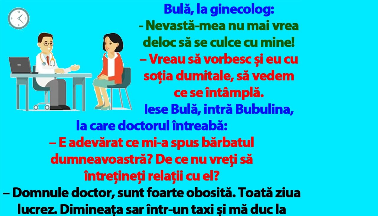 BANC | Bulă, la ginecolog: „Nevastă-mea nu mai vrea deloc să se culce cu mine!”