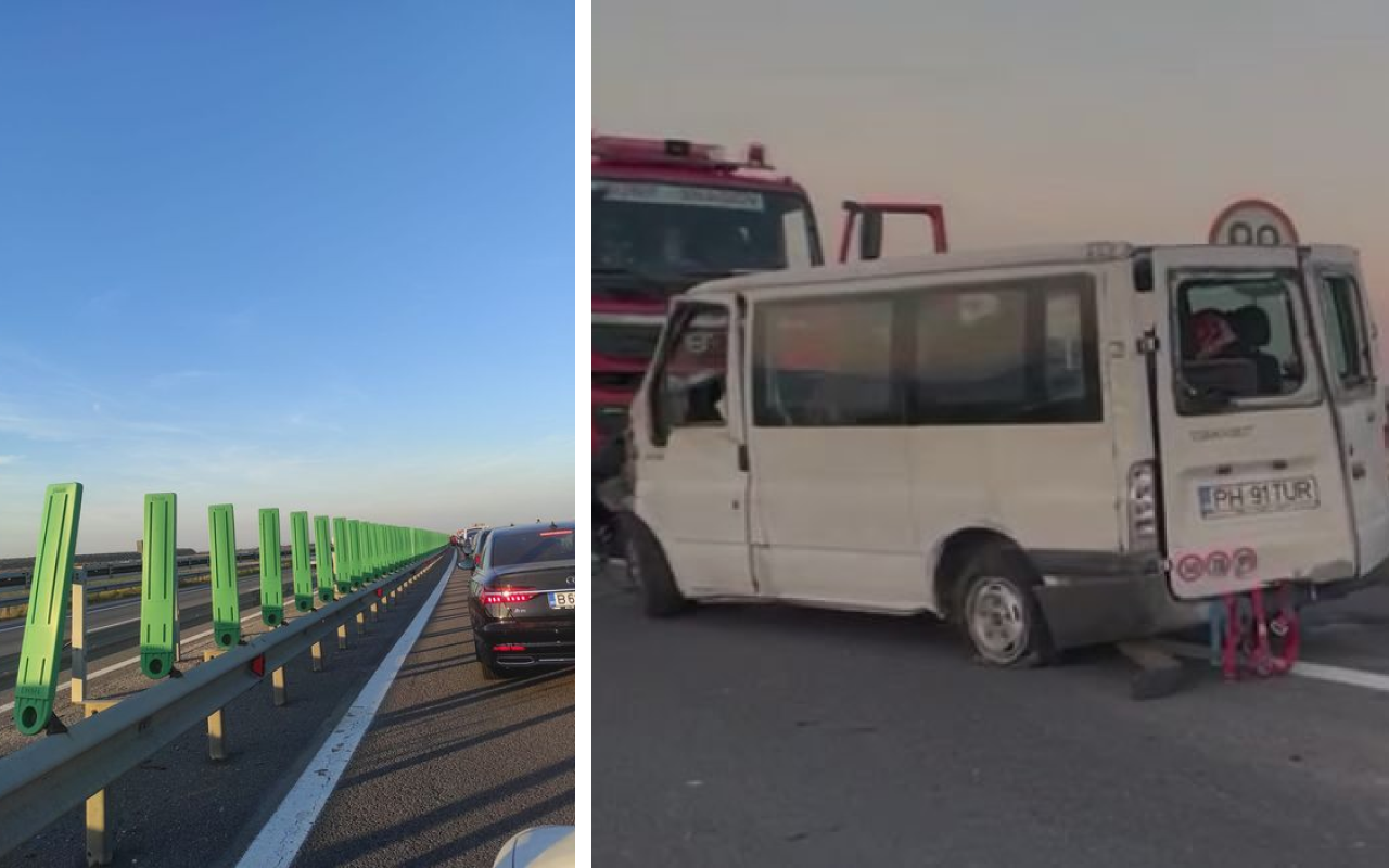 Șapte persoane rănite, după ce un microbuz s-a răsturnat pe autostrada A1. Trafic blocat spre Pitești